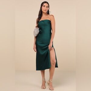 NEW Lulus Effortless Bliss Emerald Satin Strapless Cowl
Back Midi Dress, Medium